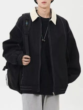 Men’s plus size collared black bomber jacket with cream collar and white stitching in zip-up style