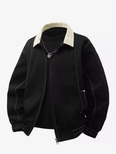 Men’s plus size collared black bomber jacket with cream collar and white stitching zip-up design