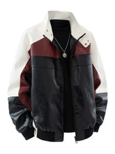 Men’s plus size color block faux leather bomber jacket in white burgundy and black gloss designed for machine wash cold