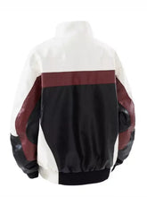Men’s plus size color block faux leather bomber jacket in white black and burgundy with glossy finish machine wash cold