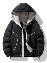 Men’s plus size black hooded puffer jacket with white piping and light gray lining for cold weather use