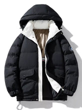 Men’s plus size black puffer jacket with white-lined hood and quilted panels designed to retain body heat with long sleeve length for layering