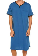 Men’s plus size blue short sleeve lounge tee dress with black contrast trim and chest pocket for comfortable wear