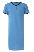 Men’s plus size light blue short sleeve lounge tee dress with black contrast trim on neckline, cuffs, and front pocket