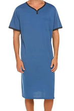 Men’s plus size blue short-sleeved lounge tee dress with black trim v-neck collar sleeve cuffs and chest pocket