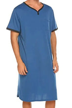Men’s plus size blue sleep shirt with black trim v-neck collar short sleeves and front pocket for comfortable lounging