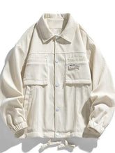 Men’s plus size cream corduroy button-down jacket with chest pockets and drawstring cuffs, machine wash, tumble dry, sleeve length adjustable
