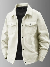 Men’s plus size cream corduroy button-up jacket with black buttons and two chest pockets