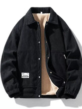 Men’s plus size black corduroy sherpa lined trucker jacket with beige fleece lining and silver buttons machine wash cold