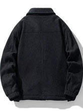 Men’s plus size black corduroy sherpa lined trucker jacket with ribbed collar and elastic cuffs machine wash cold