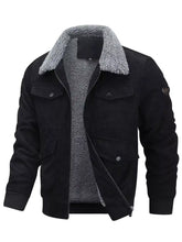 Men’s plus size corduroy sherpa lined winter coat black with gray fleece collar and front pockets for cold weather