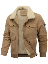 Men’s plus size corduroy sherpa lined winter coat tan with plush cream shearling collar and lining