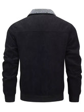 Men’s plus size corduroy sherpa lined winter coat in black with gray fleece lined collar for cold weather use