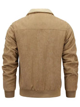 Men’s plus size corduroy sherpa lined winter coat in tan with contrasting cream shearling collar for cold weather