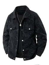 Men’s plus size corduroy snap down casual jacket in black denim with subtle leaf pattern and silver buttons