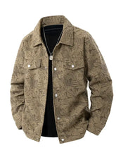Men’s plus size corduroy snap down casual jacket in tan with subtle leaf pattern and silver buttons