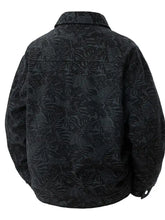 Mens plus size corduroy snap down casual jacket in black with subtle gray monstera leaf pattern