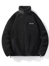 Men’s plus size black fleece full-zip jacket with plush texture and high collar, machine wash, tumble dry, long sleeve length