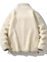 Men’s plus size cream-colored cozy fleece full-zip jacket with soft plush texture, ribbed cuffs, machine wash, tumble dry care