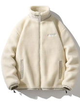 Men’s plus size cozy fleece full-zip jacket in cream with high collar, gray trim, machine wash and tumble dry