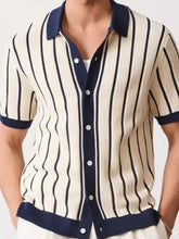Mens plus size striped button shirt, short sleeve cream and navy collared knit