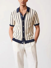 Mens Plus Size Cream and Navy Striped Short Sleeve Button Shirt