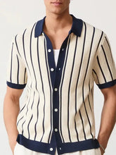 Mens plus size cream and navy striped button shirt, short sleeve
