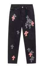 Men’s plus size cross loose fit black denim jeans with pink and gray checkered cross patches on front