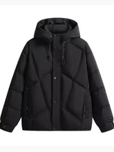 Men’s plus size black diamond quilted hooded puffer jacket with central button closure and hood drawstrings
