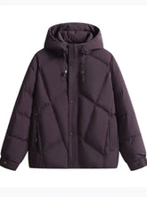 Men’s plus size dark purple diamond quilted hooded puffer jacket with central button closure and hood drawstrings