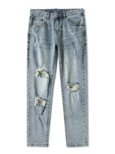 Men’s plus size distressed slim fit jeans in light wash denim with ripped knees frayed edges and slight stretch material
