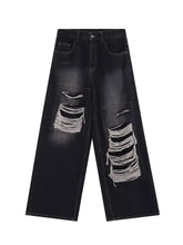Men’s plus size black distressed denim wide leg jeans with layered ripped patches on the thighs