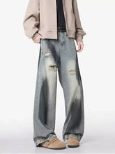 Men’s plus size distressed wide leg denim jeans in faded blue with intentional knee rips for casual wear