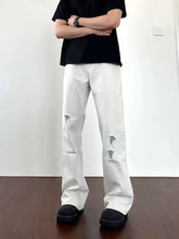 Men’s plus size white distressed wide leg jeans with ripped knee details in denim fabric