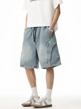 Mens plus size drawstring basic style light wash denim shorts