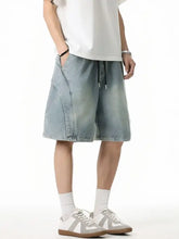 Mens plus size basic style drawstring denim shorts with light wash paneling