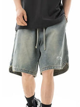 Mens plus size drawstring denim shorts with embroidered logo
