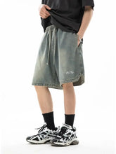 Mens plus size drawstring denim shorts with white logo