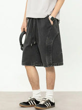 Mens plus size drawstring denim shorts in loose-fit gray with stitching