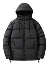 Men’s plus size black hooded puffer jacket with quilted design and front zipper closure for cold weather