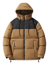 Men’s plus size tan and black hooded puffer jacket with quilted design, front zipper, and side pockets