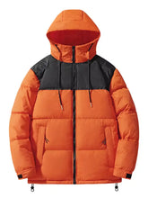 Men’s plus size hooded puffer jacket in orange with black paneling and adjustable hood drawstrings for warmth and style