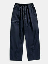 Mens plus size navy blue wide-leg drawstring cargo pants with pockets