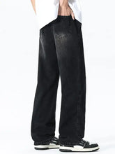 Men’s plus size drawstring wide leg jeans in black faded denim with distressed finish and classic stitching