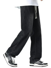 Men’s plus size drawstring wide leg black denim jeans with relaxed fit and white drawstrings at the waist