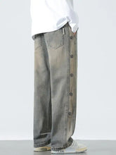 Men’s plus size drawstring wide leg gray washed denim jeans with straight-leg cut and decorative side seam buttons