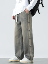 Men’s plus size drawstring wide leg olive green denim jeans with straight-leg cut and decorative side seam buttons