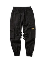 Mens plus size elastic waist joggers in black with pockets and straps