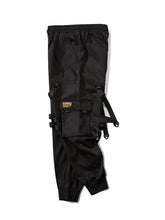 Mens plus size elastic waist joggers in black cargo style with straps and pockets