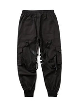 Mens plus size elastic waist joggers in black with pockets and straps